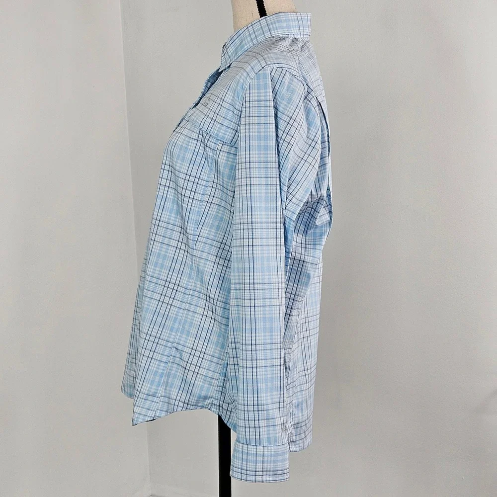 LL Bean Long Sleeve Roll Tab Blue Plaid Vented Shirt Fish Hike Womens M UPF 50 - Picture 7 of 16